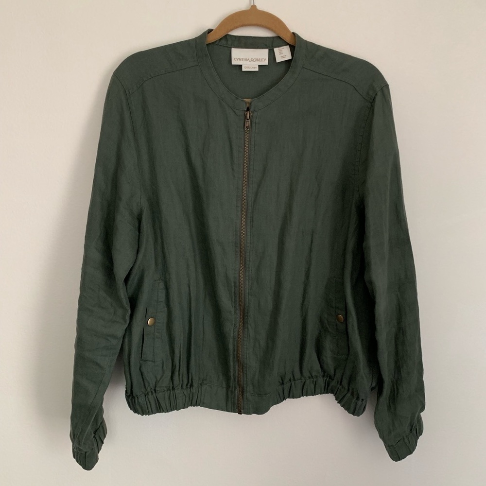 Cynthia Rowley 100% Linen Green Bomber Jacket L